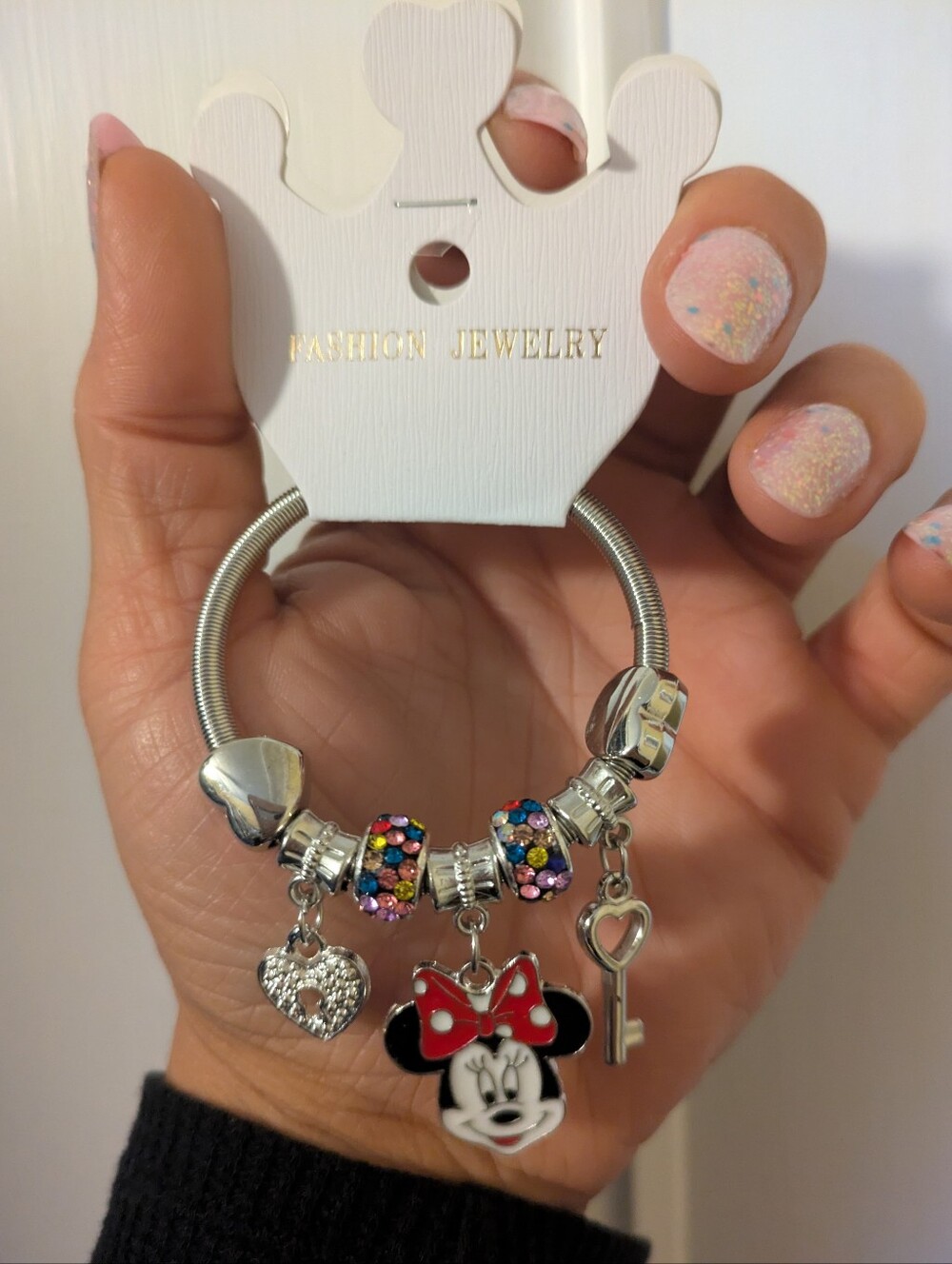 NWT Minnie Mouse Silver Charm Bracelet Rhinestone Heart Lock & Key Jewelry